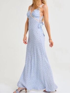 Rumored Light Blue Polka Dot Lace-Trim Maxi Dress